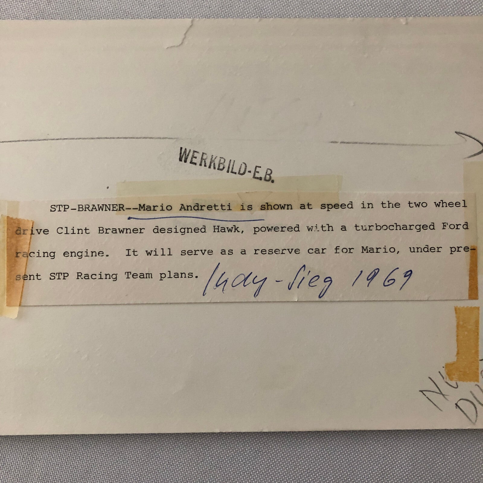 Mario Andretti Indianapolis Indy Racing Photo Photograph 1969 Hawk Car Brawner