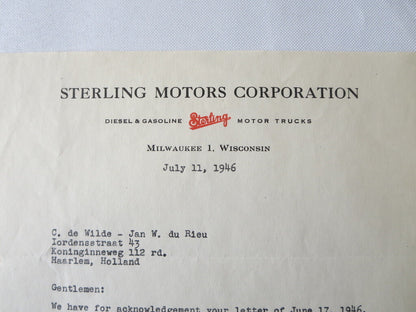 1946 Sterling Motor Truck Corporation Letter Letterhead Document 
