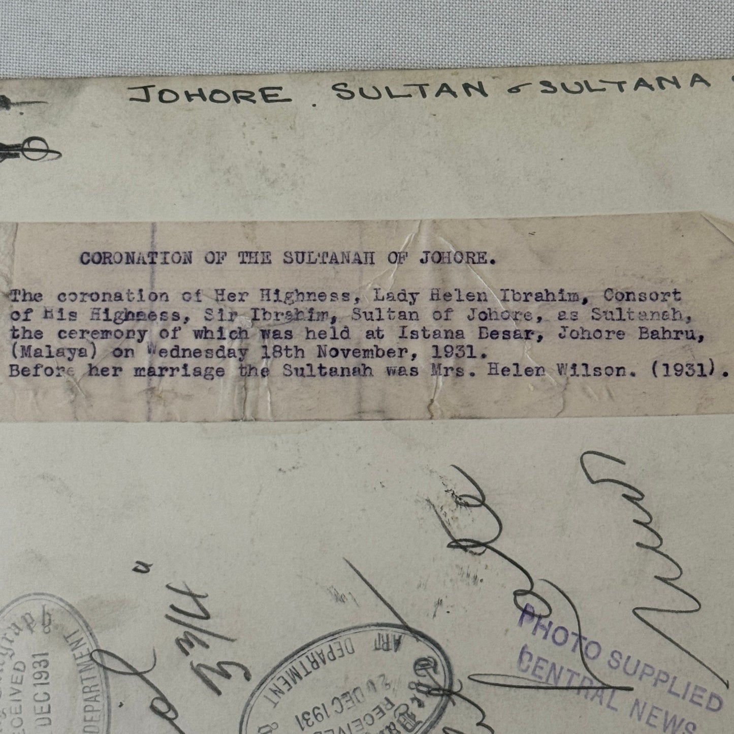 Sultanah of Johore Lady Helen Ibraham Press Photo Vintage 1931 Sultan Malysia