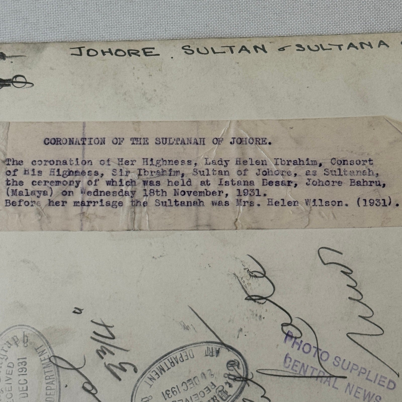 Sultanah of Johore Lady Helen Ibraham Press Photo Vintage 1931 Sultan Malysia