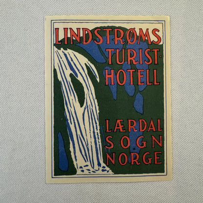 Vintage Hotel Travel Luggage Label Lindstroms Hotel Laerdal Sogn Norway