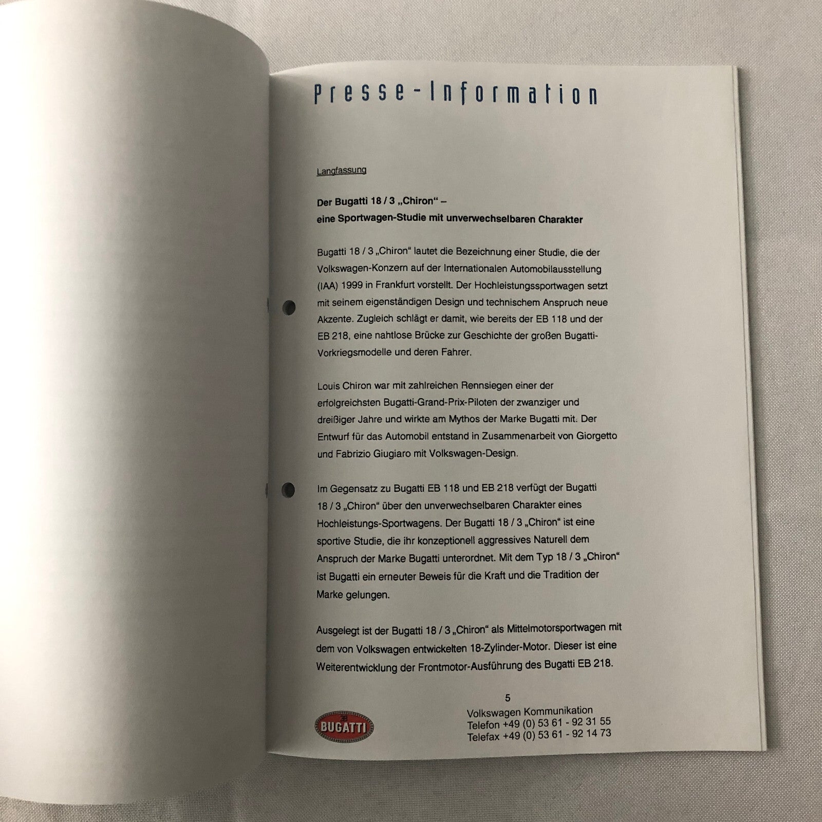 Bugatti Chiron Concept Car Press Kit Brochure Photos Bugatti GERMAN Text