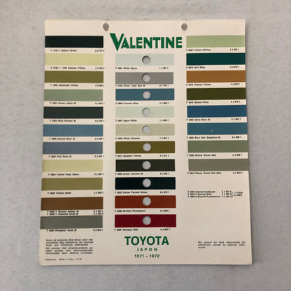 1971 1972 Toyota Car Paint Chip Color Sample Sheet Valentine