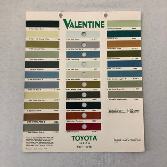 1971 1972 Toyota Car Paint Chip Color Sample Sheet Valentine