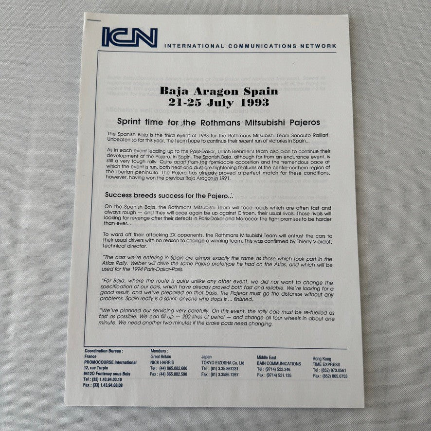 Rothmans Mitsubishi Pajero Rally Rallye Racing Press Kit 1993 Baja Aragon Spain