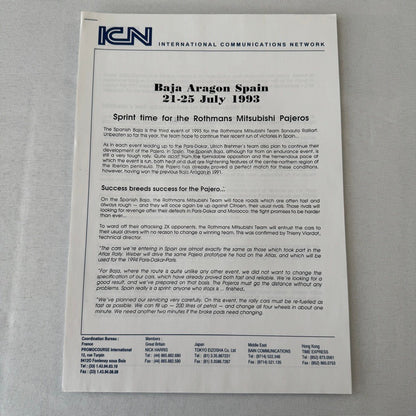 Rothmans Mitsubishi Pajero Rally Rallye Racing Press Kit 1993 Baja Aragon Spain