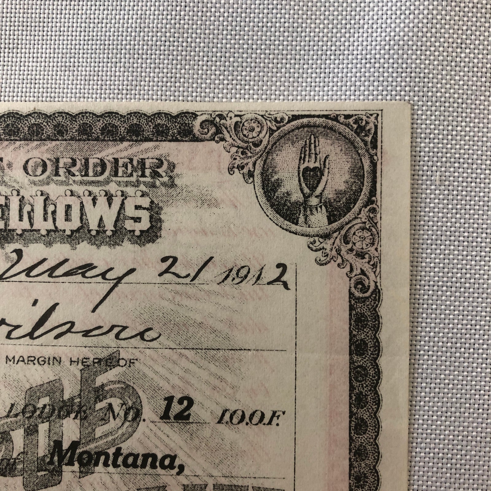 Independent Order of Odd Fellows Official Membership Certificate Document Lot 4x