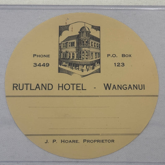 Vintage Hotel Travel Label Rutland Hotel Wanganui Whanganui New Zealand