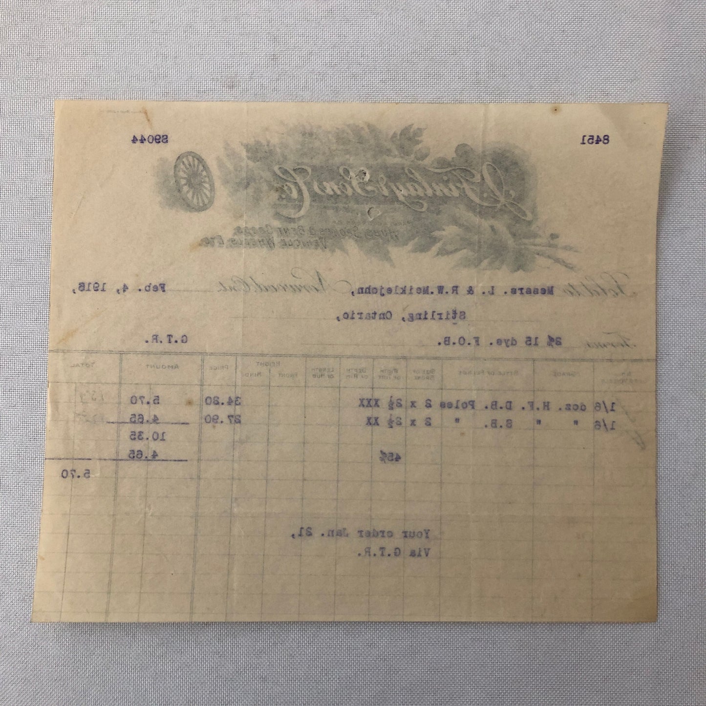 Antique Wheel Company J Finlay and Sons Billhead Letterhead Document 1915