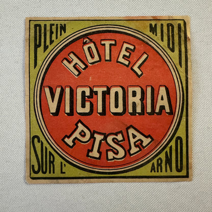 Vintage Hotel Travel Luggage Label Hotel Victoria Pisa Italy Italian
