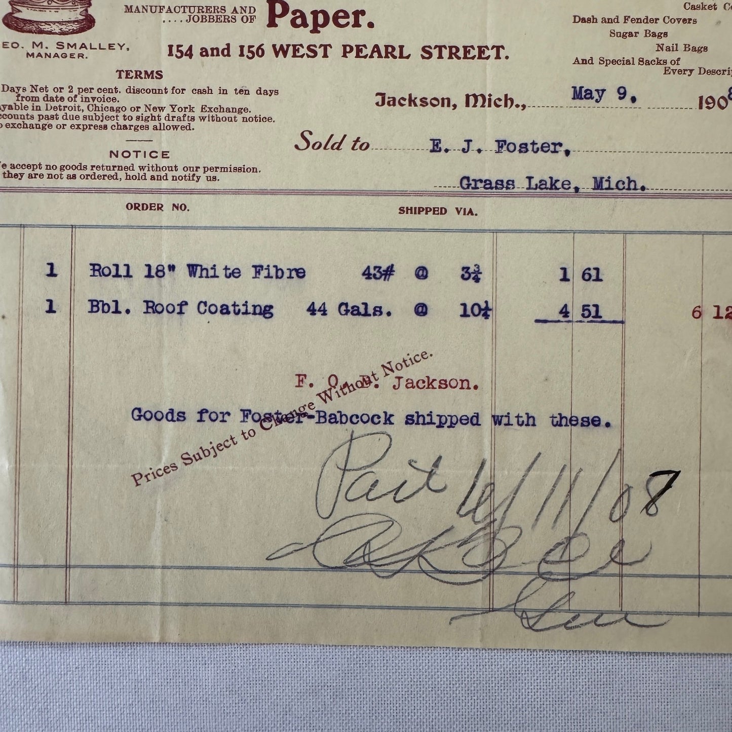 Crown Paper & Bag Company Jackson Michigan 1908 Receipt Invoice Document Lot 5x