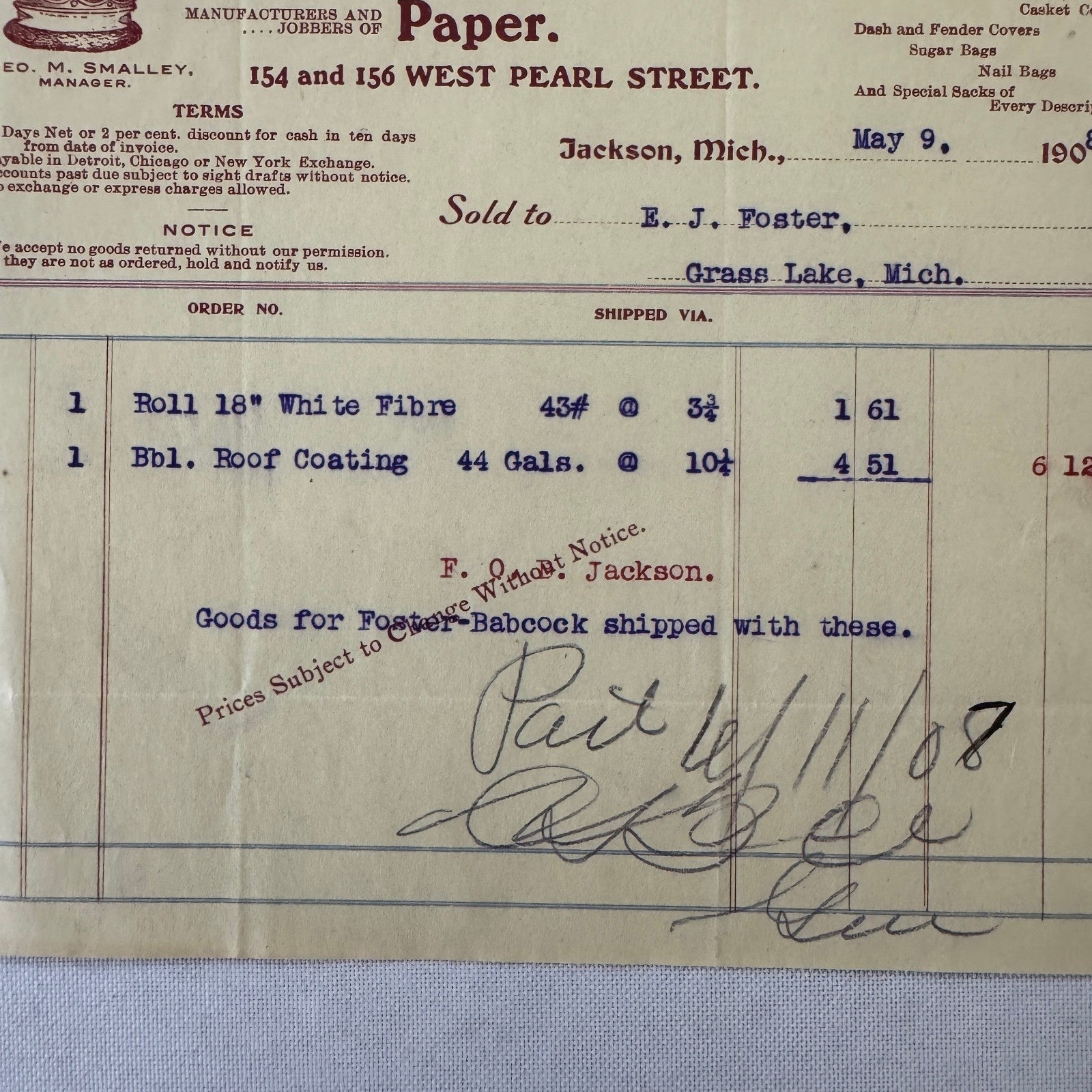 Crown Paper & Bag Company Jackson Michigan 1908 Receipt Invoice Document Lot 5x