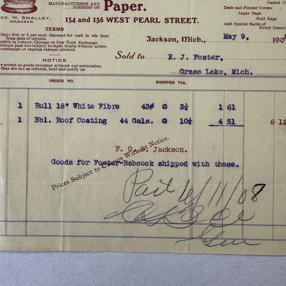 Crown Paper & Bag Company Jackson Michigan 1908 Receipt Invoice Document Lot 5x