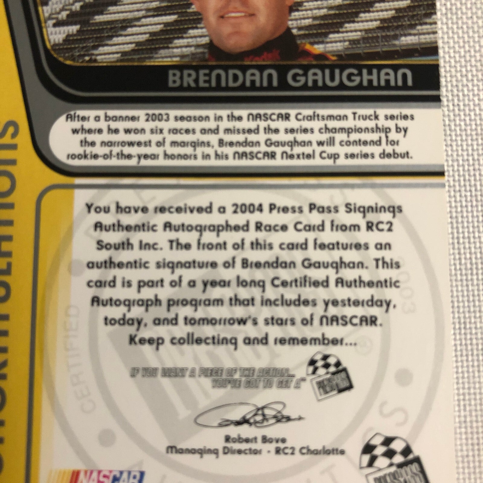 2004 Press Pass Signings Brendan Gaughan Autograph Auto Signed Card NASCAR