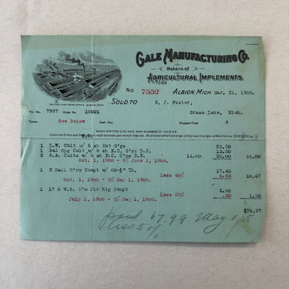 Gale Manufacturing Company Agricultural Implements Albion Michigan 1908 Document