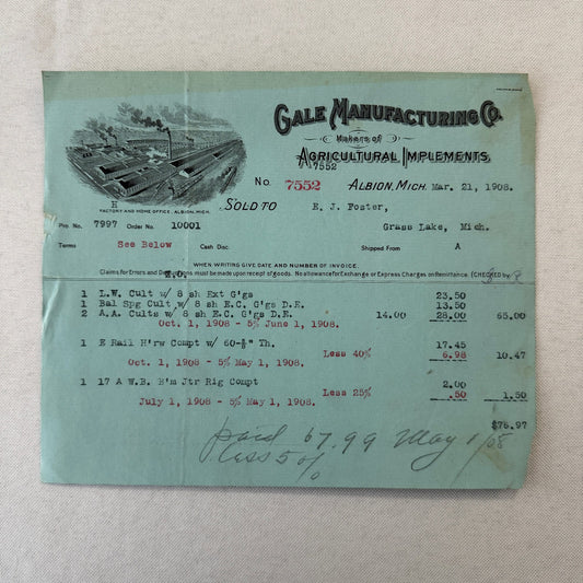 Gale Manufacturing Company Agricultural Implements Albion Michigan 1908 Document