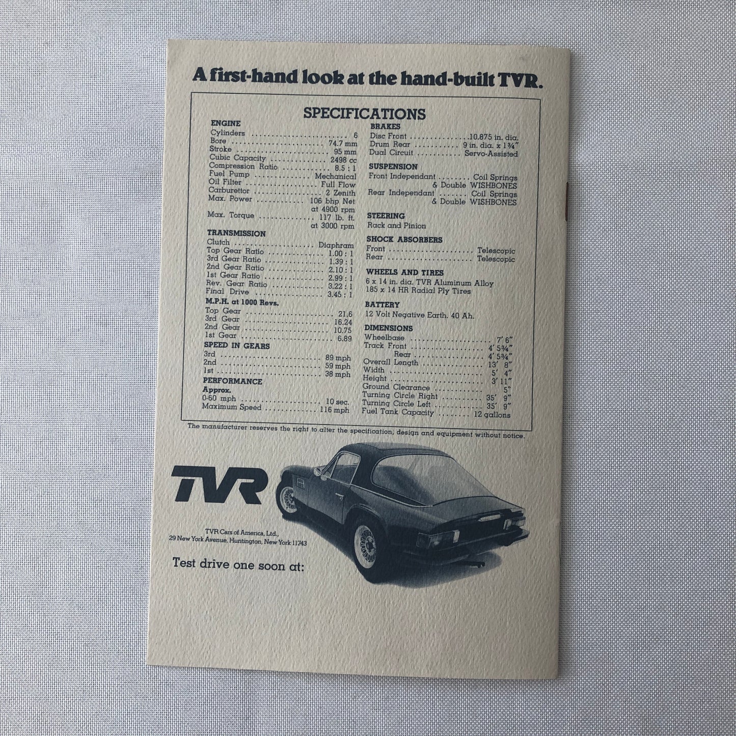 Vintage TVR Car Sales Brochure Catalog Advertising