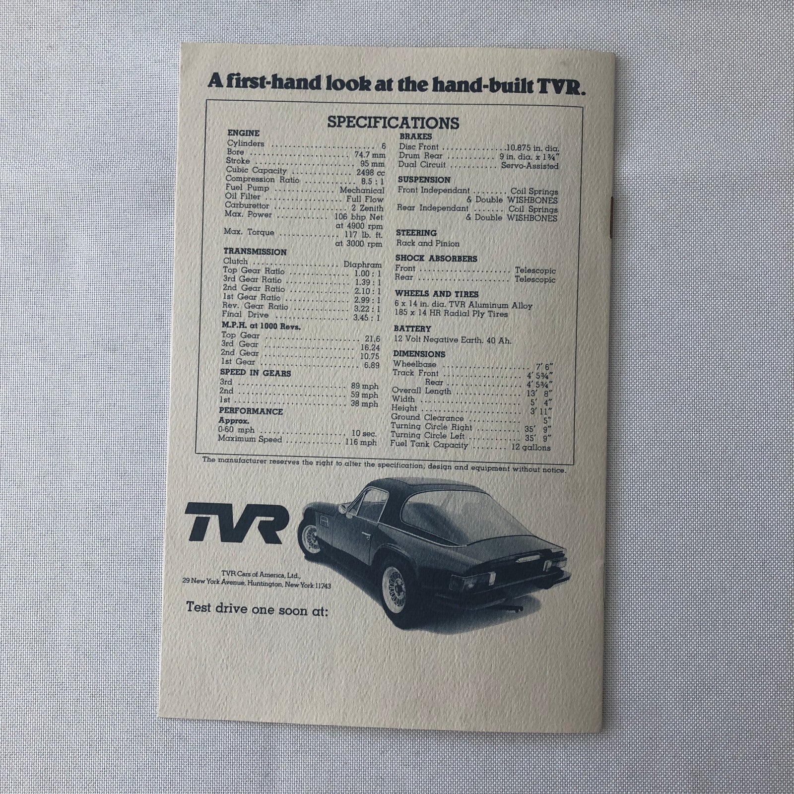 Vintage TVR Car Sales Brochure Catalog Advertising
