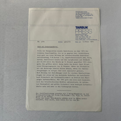 1974 Saab Press Kit Photos Press Releases GERMAN Saab 96 Saab 99L