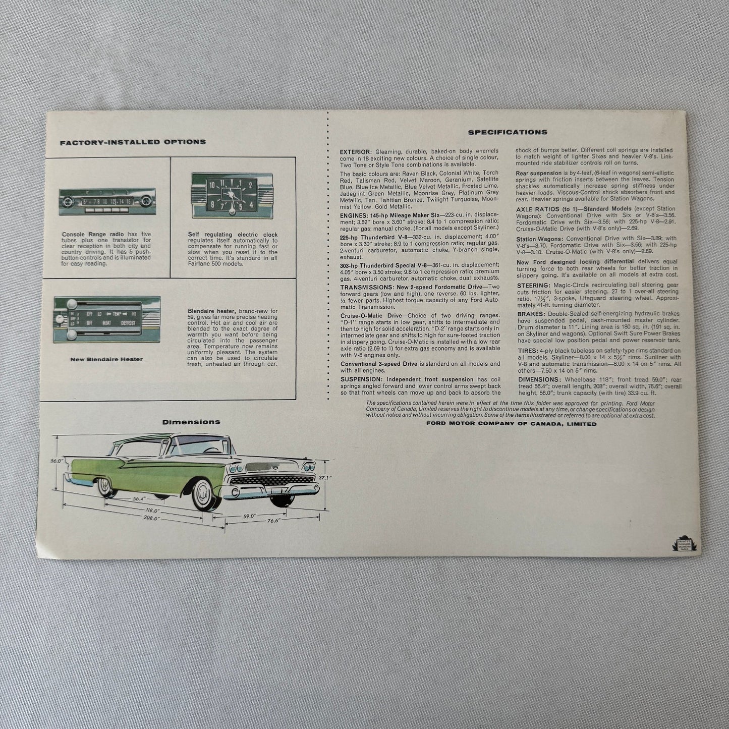 1959 Ford Car Sales Brochure Catalog Canadian Skyliner Sunliner Thunderbird +