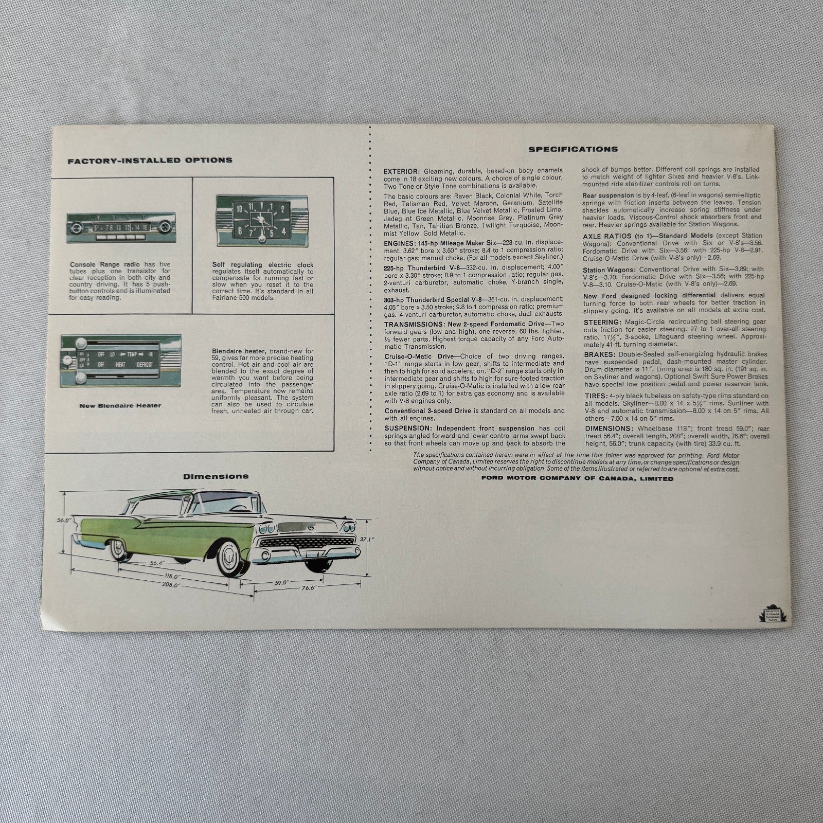 1959 Ford Car Sales Brochure Catalog Canadian Skyliner Sunliner Thunderbird +