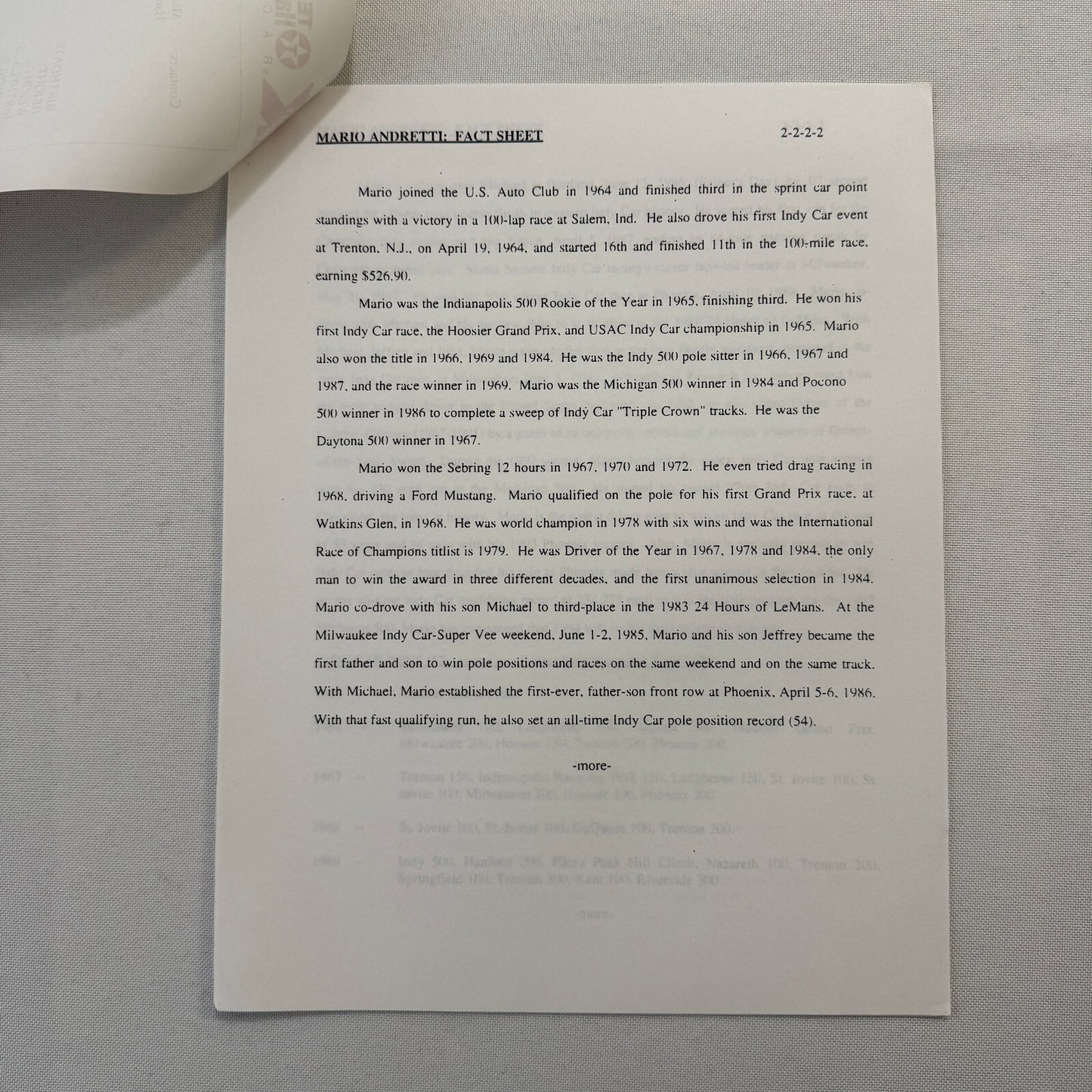 Mario Andretti 1993 PPG Indy Press Release Lot 2x KMart Texaco Havoline Racing