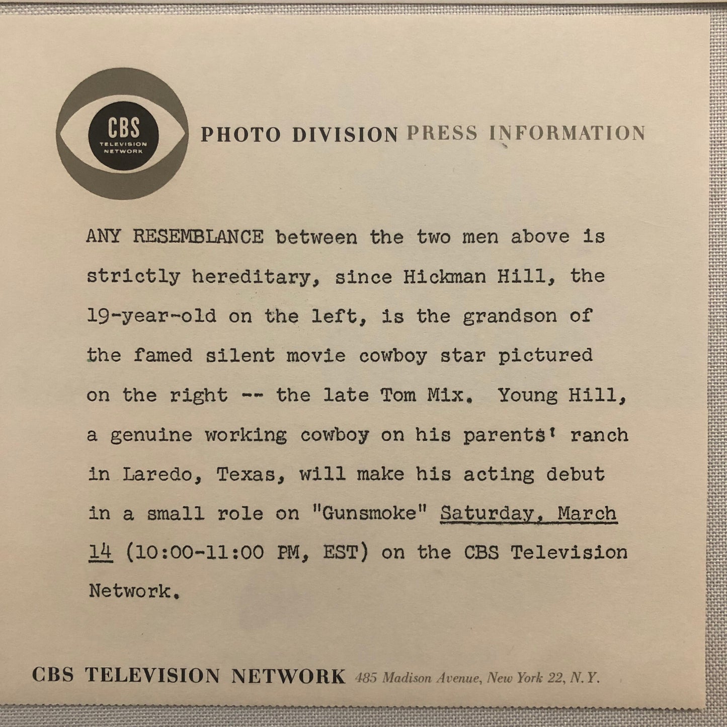 CBS Television Press Photo Photograph Gunsmoke Hickman Hill Tom Mix Grandson