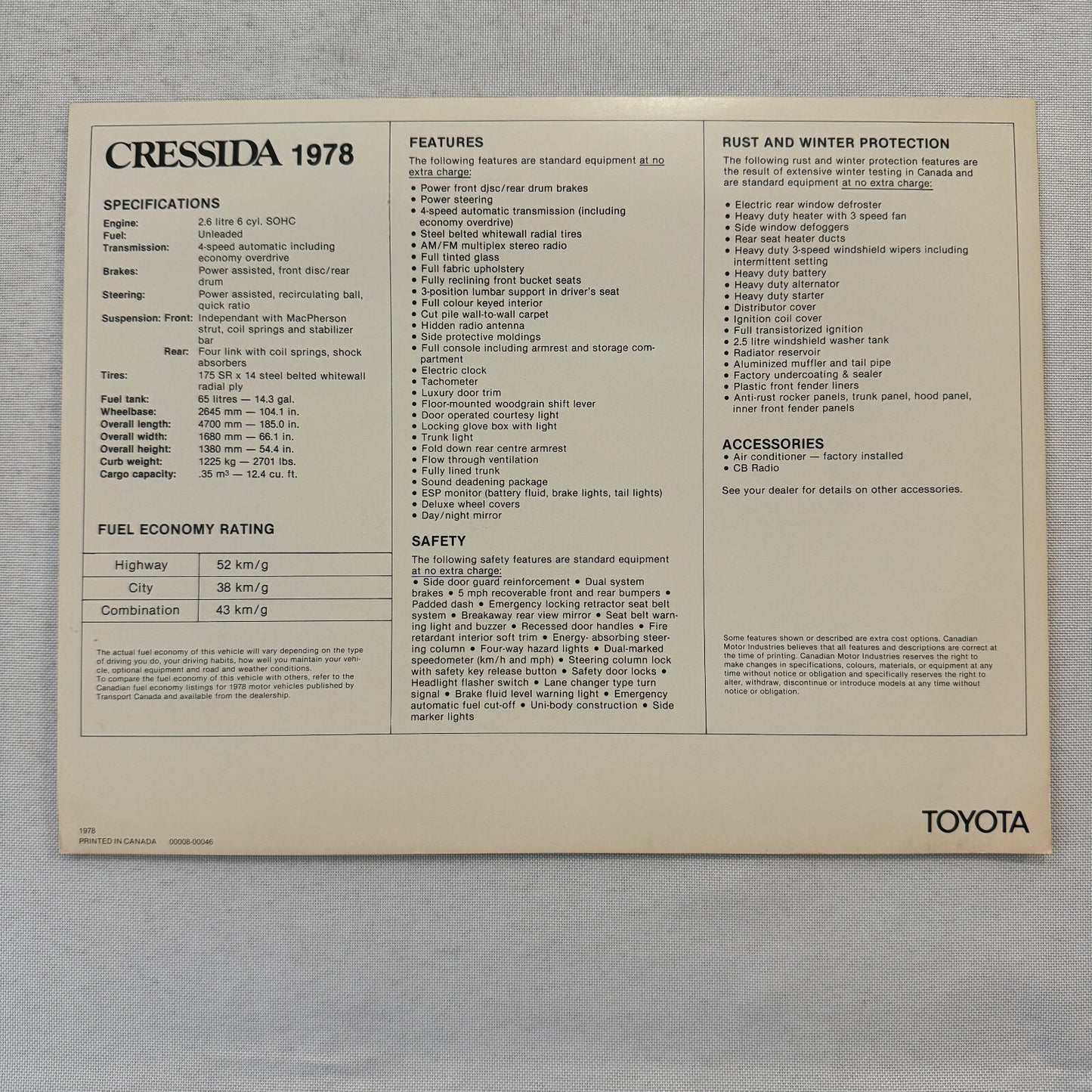 1978 Toyota Cressida Sedan Car Sales Brochure Catalog Canadian