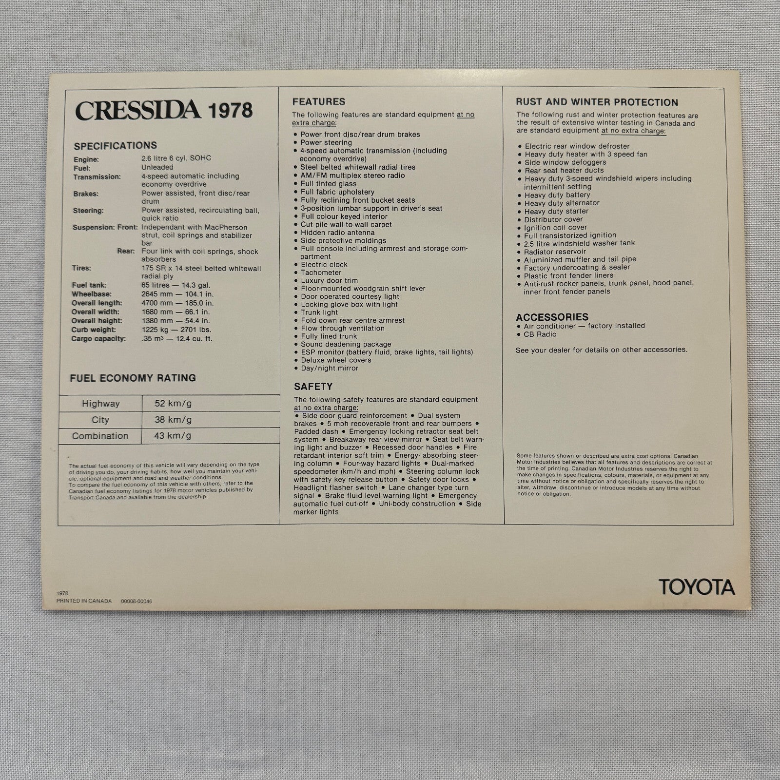 1978 Toyota Cressida Sedan Car Sales Brochure Catalog Canadian