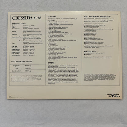 1978 Toyota Cressida Sedan Car Sales Brochure Catalog Canadian