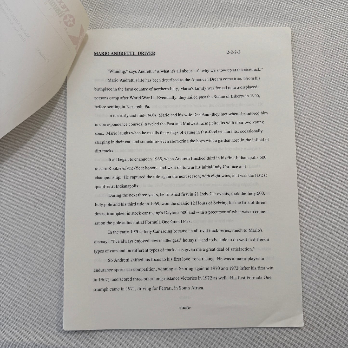 Mario Andretti 1993 PPG Indy Press Release Lot 2x KMart Texaco Havoline Racing