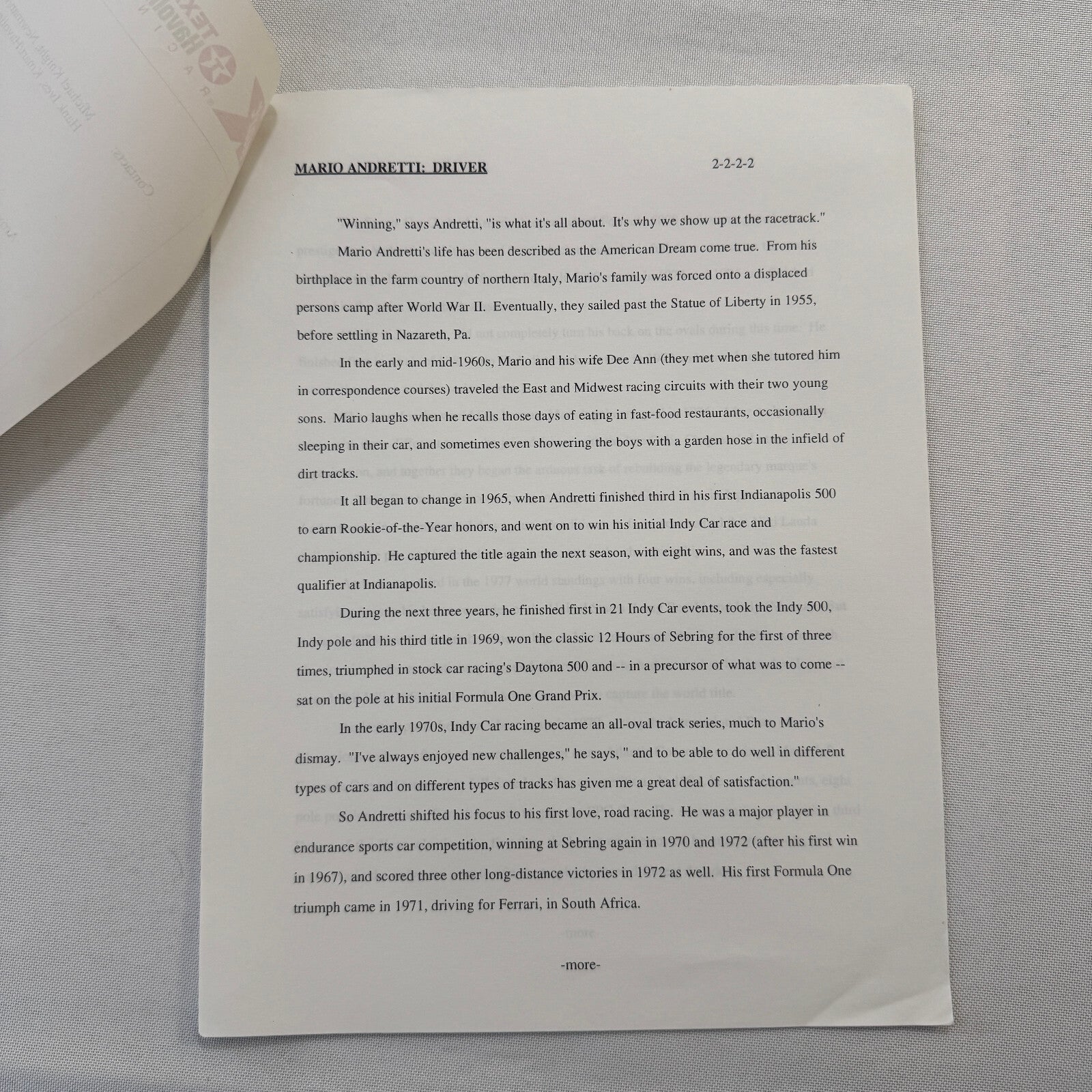 Mario Andretti 1993 PPG Indy Press Release Lot 2x KMart Texaco Havoline Racing