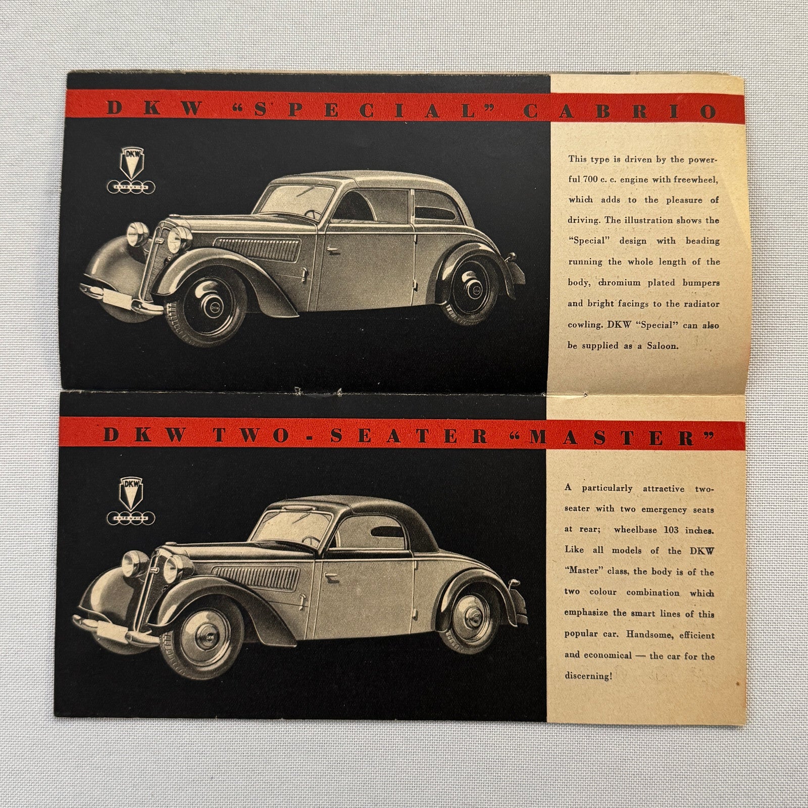 Auto Union DKW Car Sales Brochure Catalog Master Cabrio Saloon Delivery Van +
