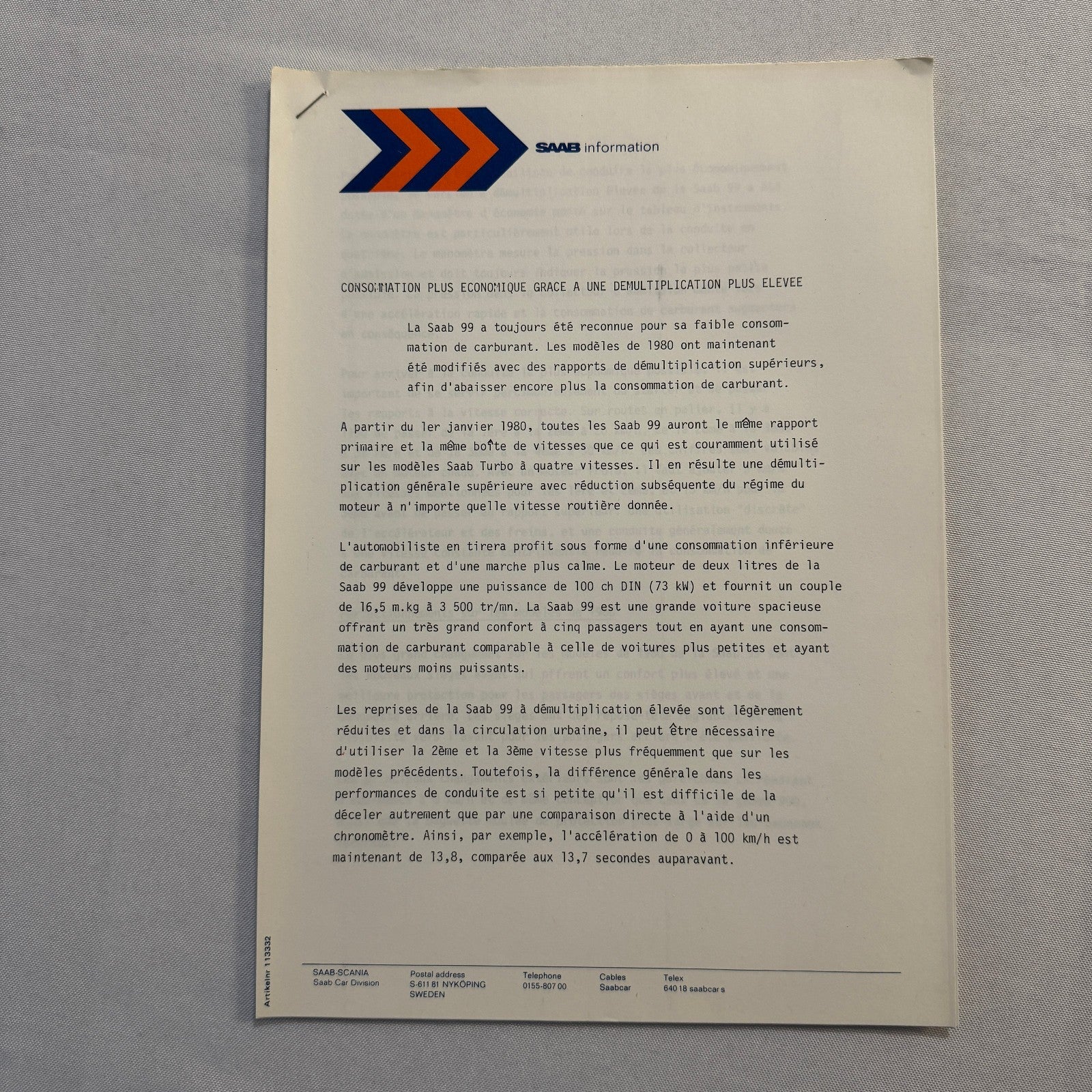 1980 Saab Factory Press Kit Brochure Photos Saab 900 99 Turbo EMS FRENCH