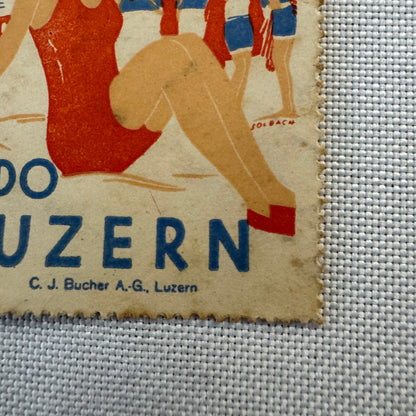 Vintage Travel Stamp Strandbad Lido Luzern Switzerland Swiss Bathing Suit