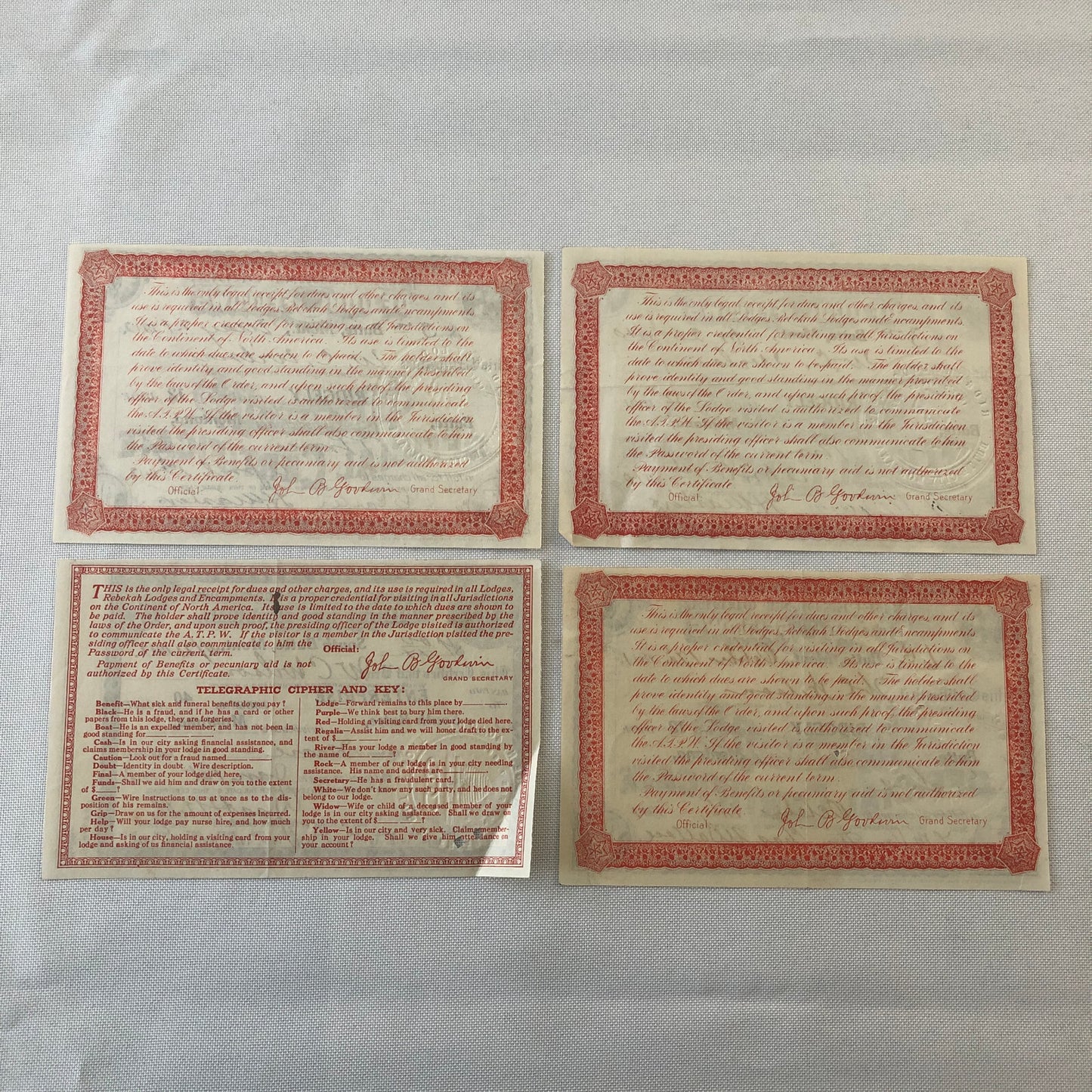 Independent Order of Odd Fellows Official Membership Certificate Document Lot 4x
