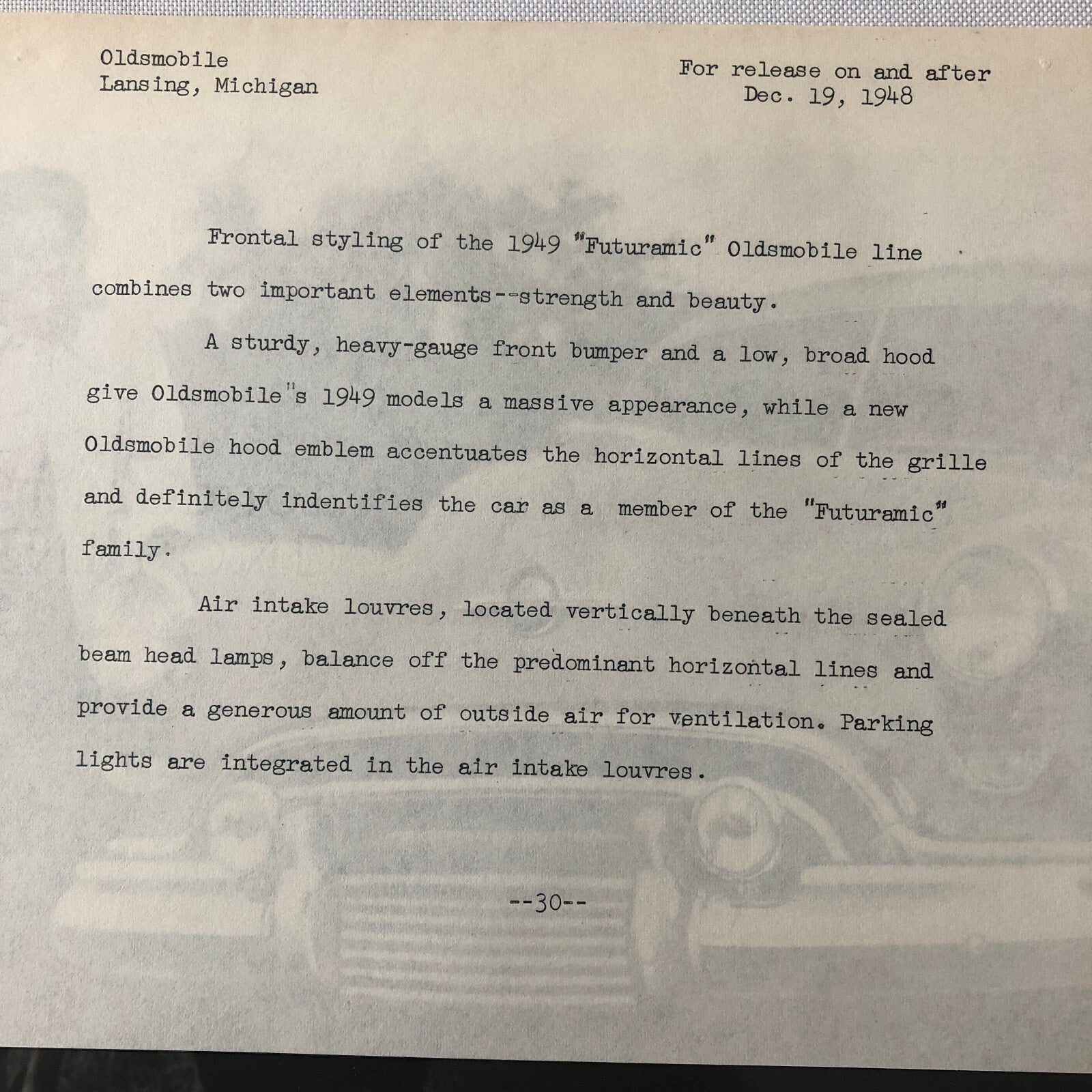 1949 Oldsmobile Series 98 Futuramic Factory Press Photo Photograph Print