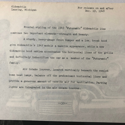 1949 Oldsmobile Series 98 Futuramic Factory Press Photo Photograph Print