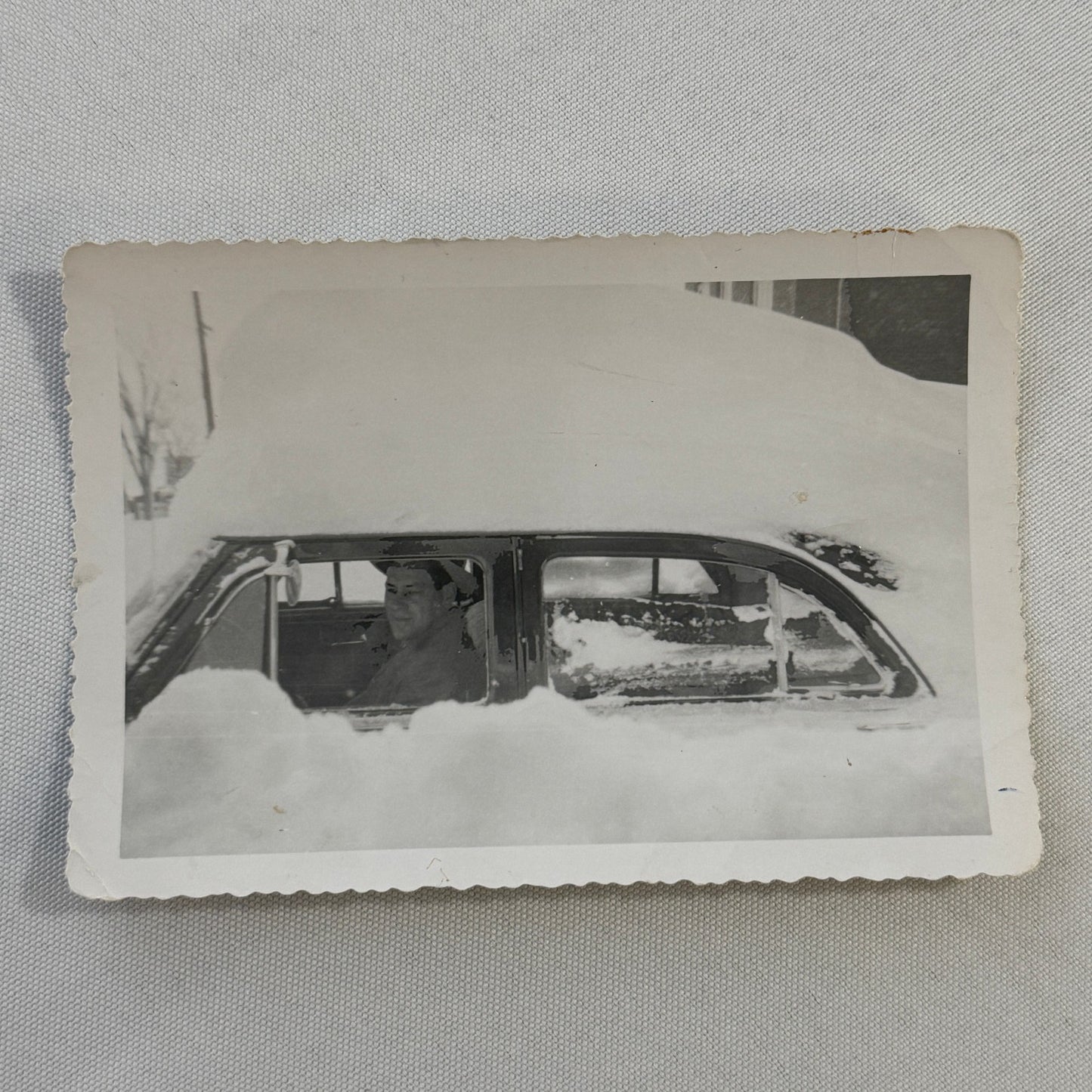Vintage Photo Car Automobile Buried In Snow Snowstorm Man