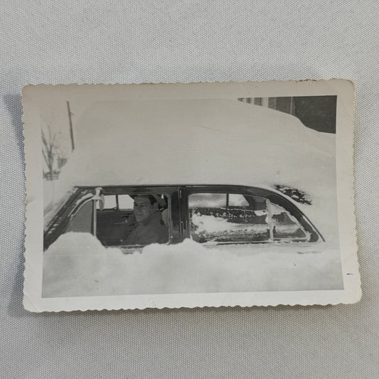 Vintage Photo Car Automobile Buried In Snow Snowstorm Man