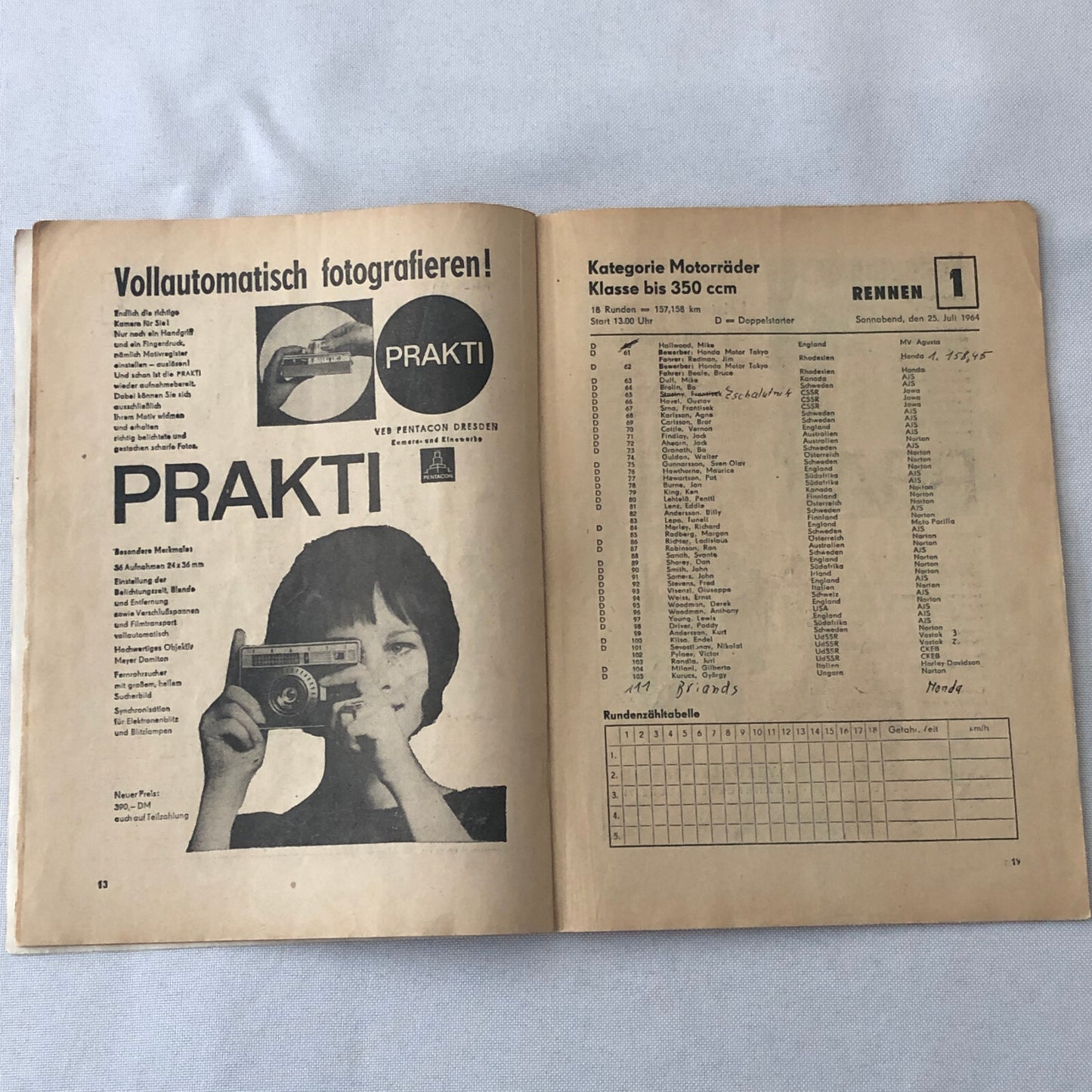 1964 Sachsenring Motorcycle Racing Grand Prix Race Program Book German