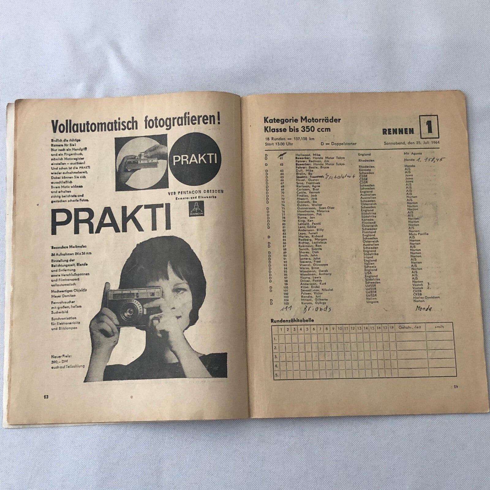 1964 Sachsenring Motorcycle Racing Grand Prix Race Program Book German