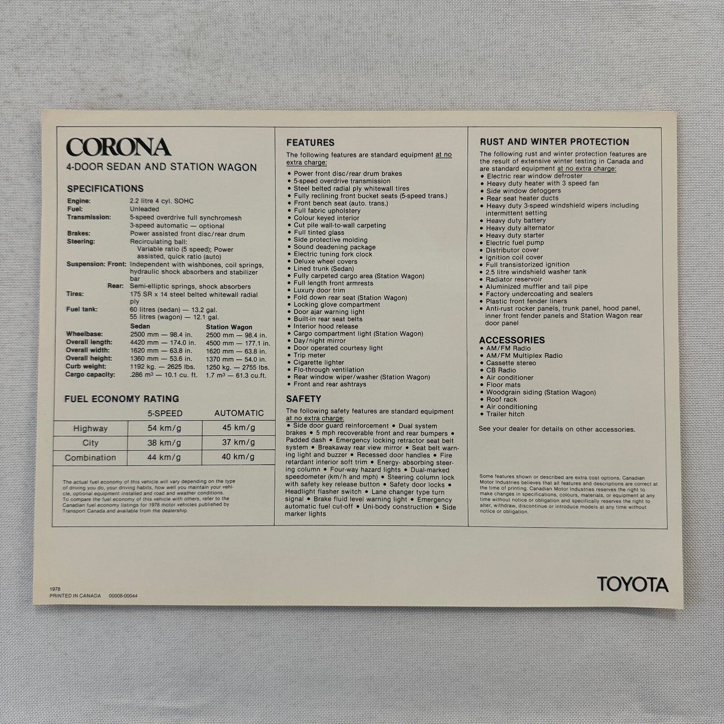 1978 Toyota Corona Sedan and Station Wagon Car Sales Brochure Catalog Canadian