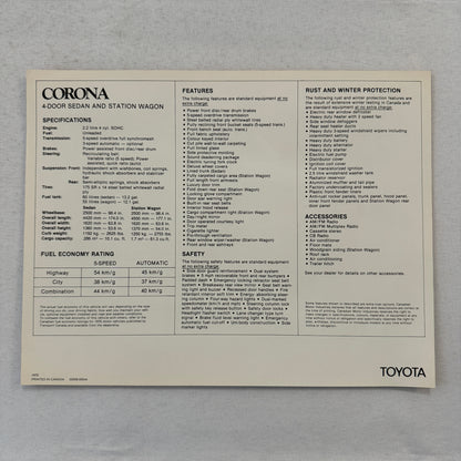1978 Toyota Corona Sedan and Station Wagon Car Sales Brochure Catalog Canadian