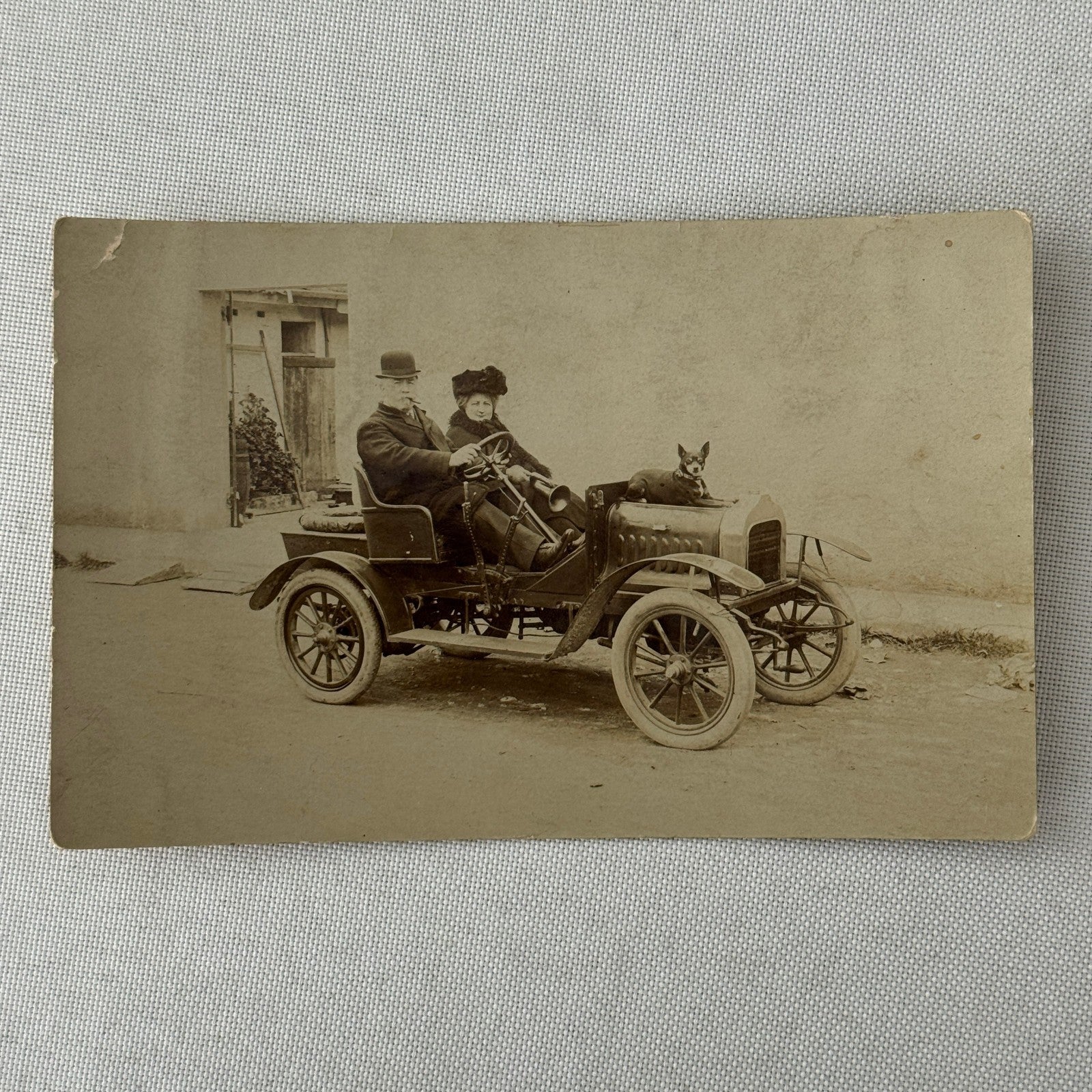 Vintage Real Photo Postcard Post Card RPPC Automobile Dog Man Woman