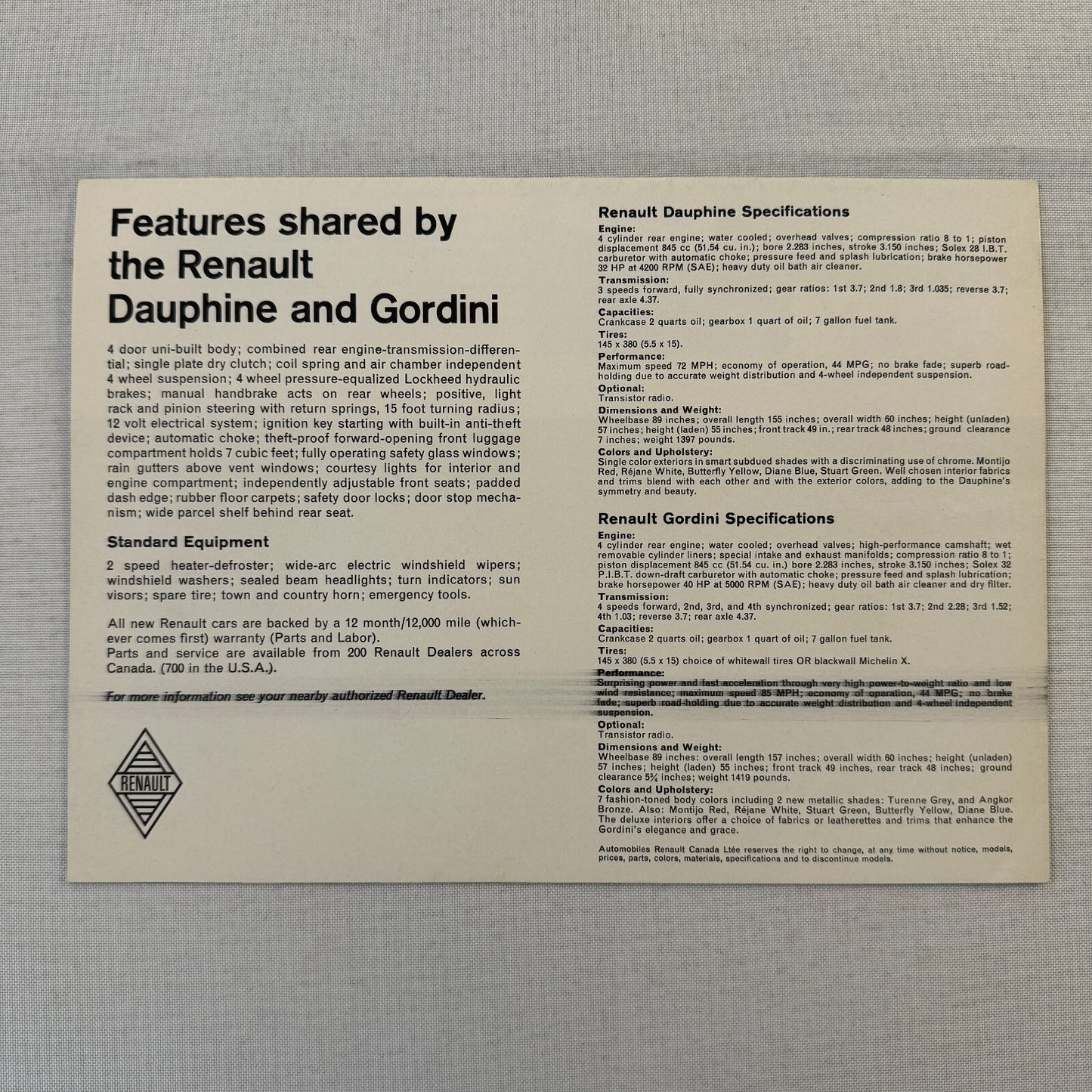 Renault Dauphine and Gordini Car Sales Brochure Catalog Advertising Canadian