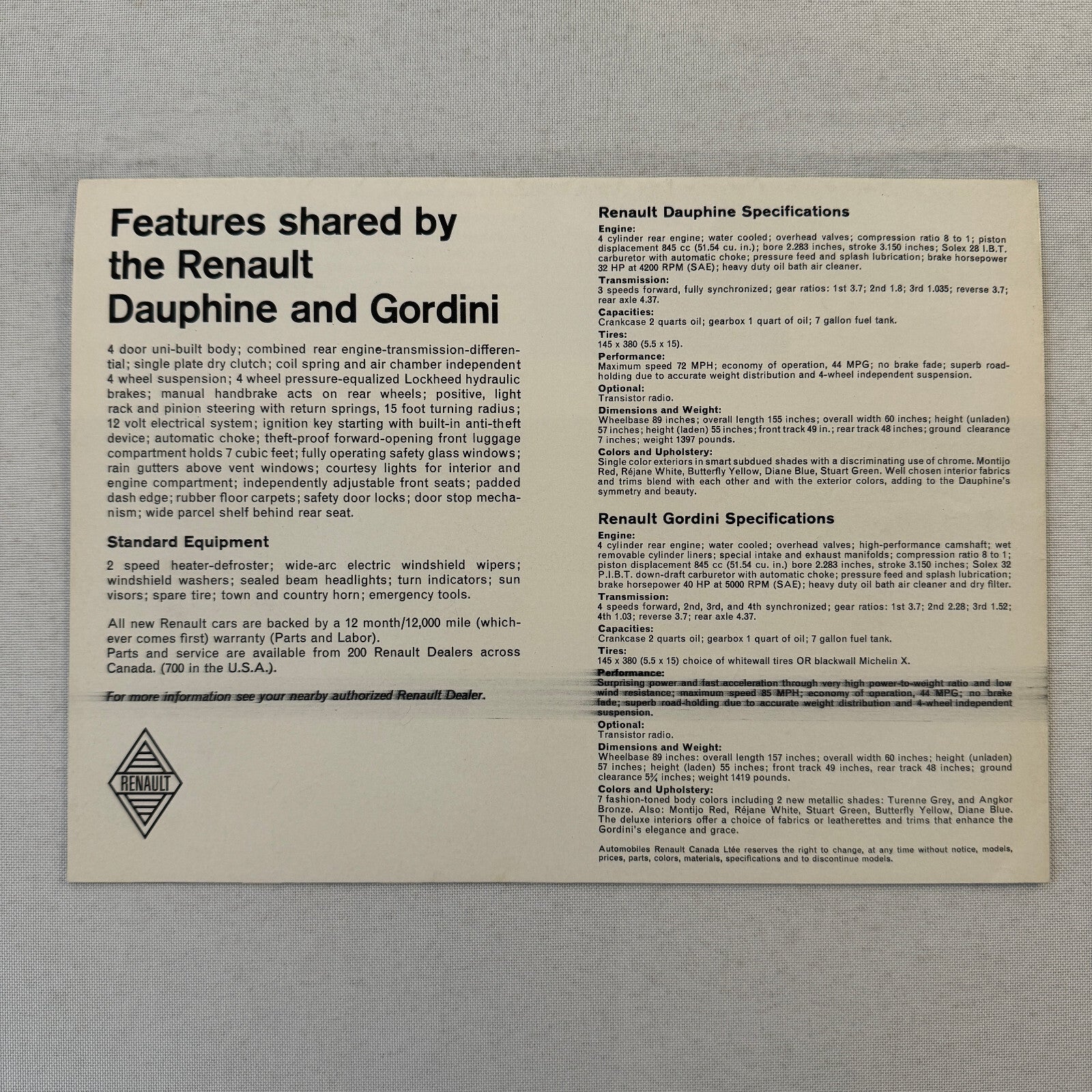 Renault Dauphine and Gordini Car Sales Brochure Catalog Advertising Canadian