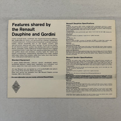 Renault Dauphine and Gordini Car Sales Brochure Catalog Advertising Canadian