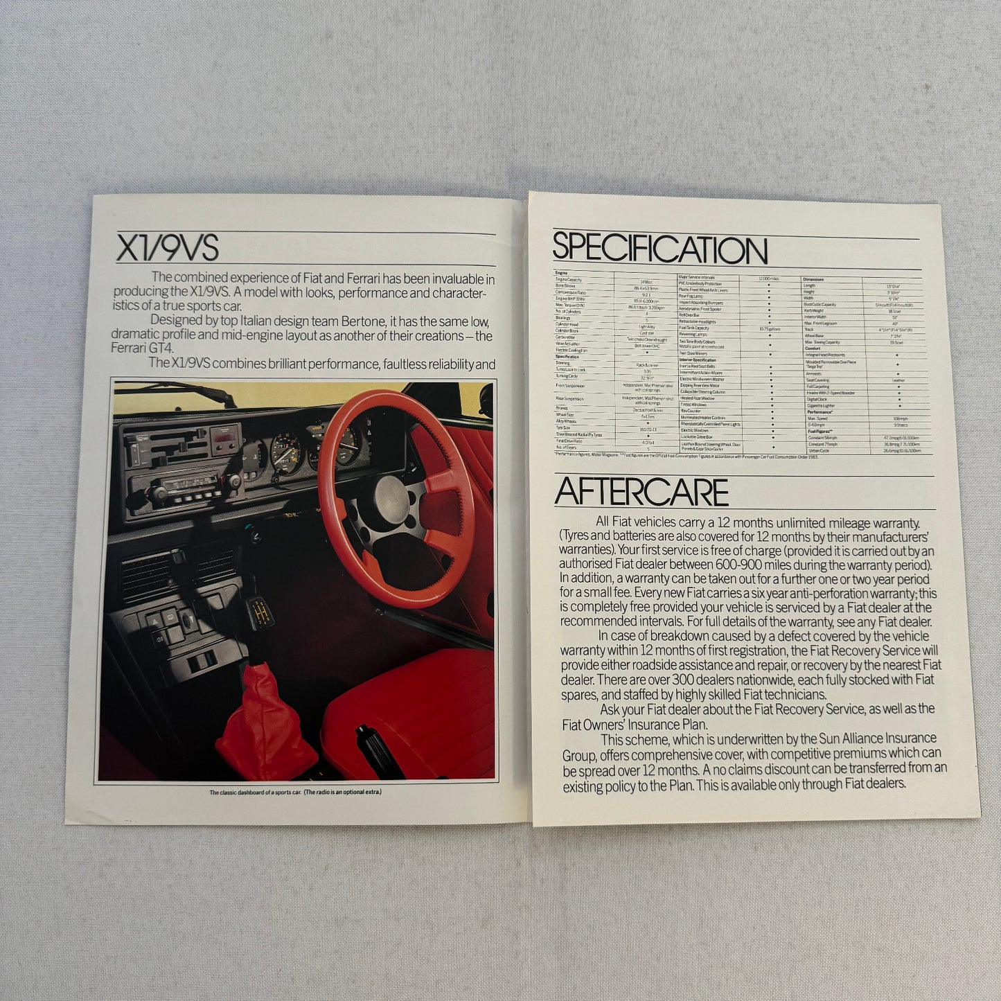Fiat X1/9VS Car Sales Brochure Catalog Advertising Vintage Fiat X/19 VS X19 UK