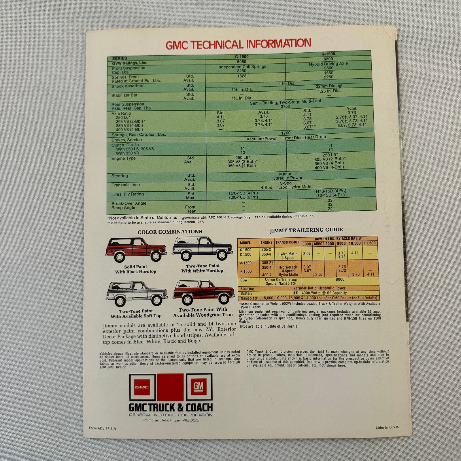 GMC Jimmy Truck Sales Brochure Catalog 4 Wheel Drive 2 Wheel Drive Vintage